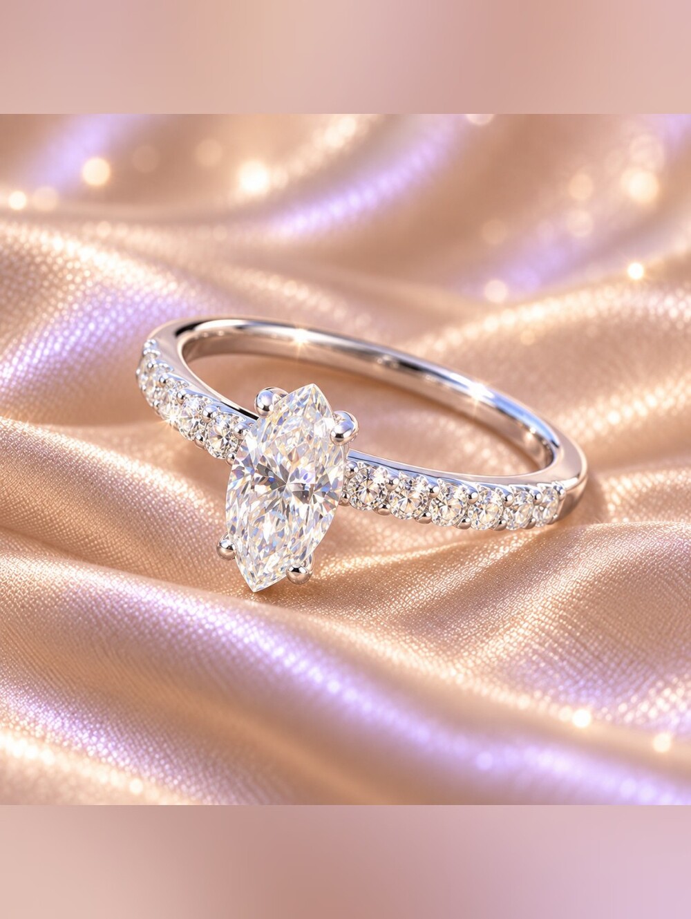 925 Sterling Silver Genuine Moissanite 1.65 CT Marquise-Cut Solitaire Pavé Ring